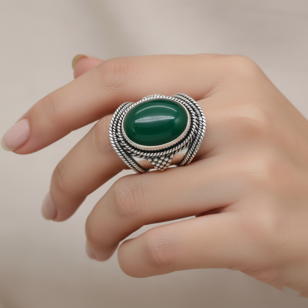 thumbnail video image 2 of Sechi Green Onyx Solid 925 Sterling Silver Cocktail Ring for Women Gemstone Jewelry (9.5), 2 of 7