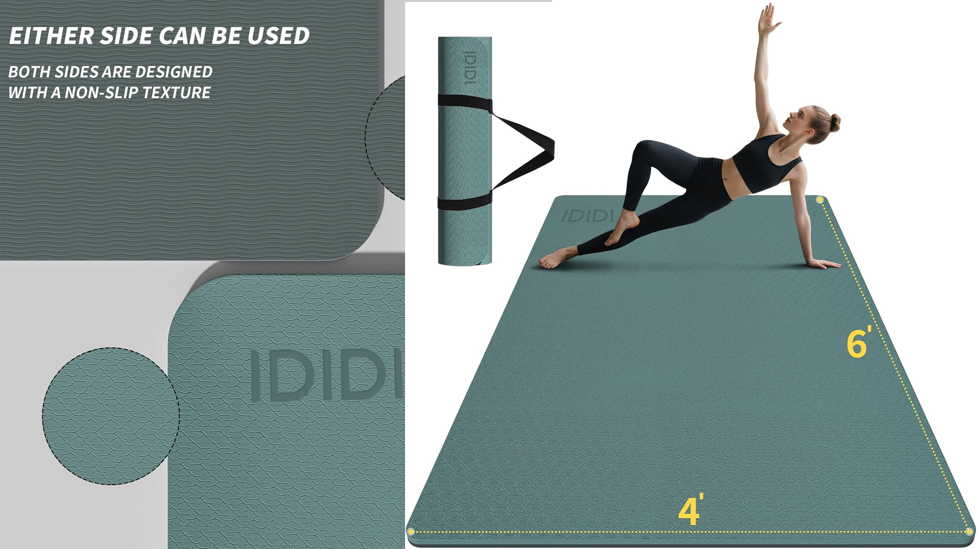 thumbnail video image 2 of 10mm Large Yoga Mat (6'x 4') with Soft Fabric - Extra Long and Wide 72 x 48 x 0.4 inches, Non-Slip Surface, Eco-Friendly, Thick Wide Yoga Mat for Home Workouts or Gym Fitness .Deep Green+ Gray, 2 of 8