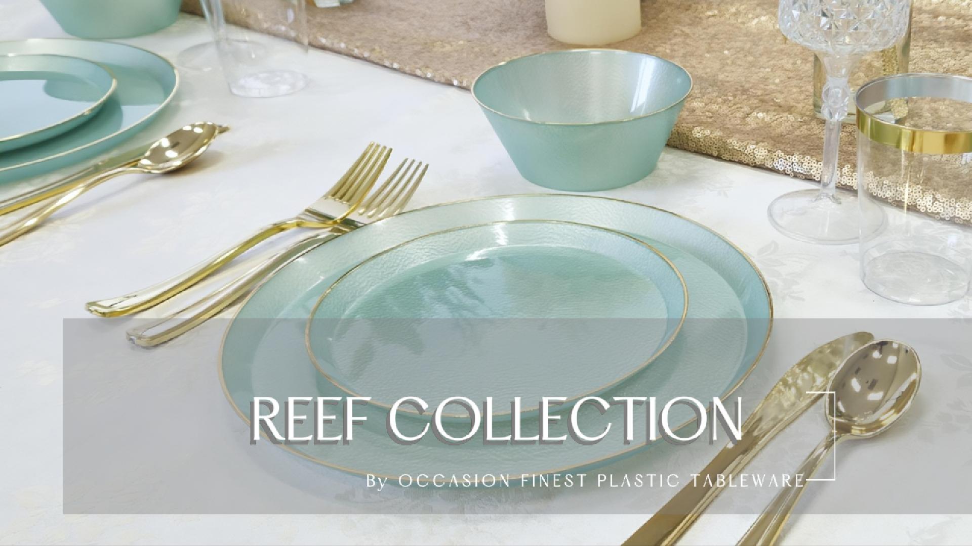 thumbnail video image 2 of " OCCASIONS " 60 Plates Pack (30 Guests)-Wedding Party Disposable Plastic Plate Set -30 x 10'' Dinner + 30 x 7'' Salad & Dessert plates (Reef Aqua & Gold), 2 of 3