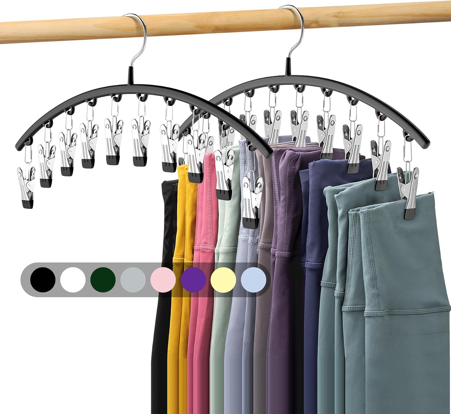 thumbnail video image 2 of Legging Organizer for Closet, Metal Yoga Pants Hangers 2 Pack w/10 Clips Holds 20 Leggings, Space Saving Hanging Closet Organizer w/Rubber Coated Closet Organizers and Storage, Black, 2 of 11