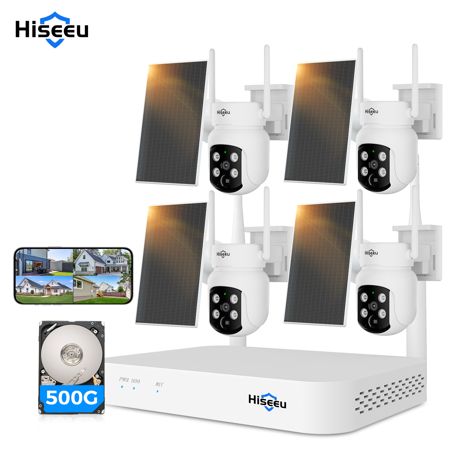 thumbnail video image 2 of Hiseeu Outdoor Wireless Solar Security Camera System, 4-Camera Home WiFi Surveillance Kit with 10CH NVR, 500G HDD, 2K 4MP 360° View, Color Night Vision, PIR Human Detect, 2-Way Audio, IP66, 2 of 15