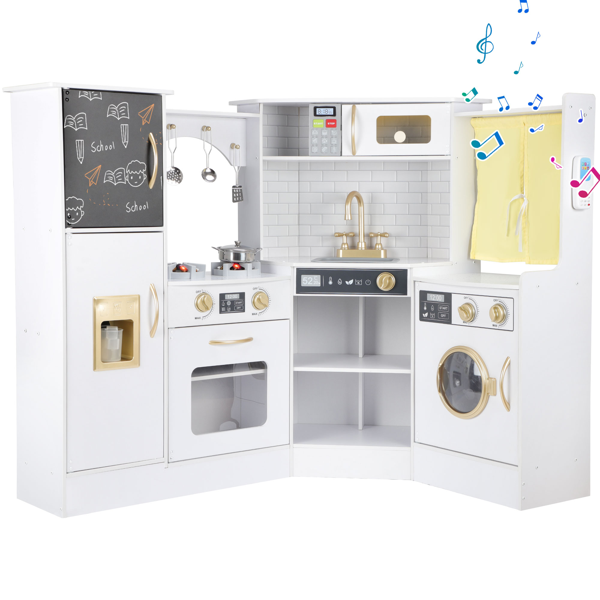 thumbnail video image 2 of iYofe Corner Wooden Play Kitchen, Kids Kitchen Playset w/Light & Sound, Phone, Microwave, Stove, Cocina de Juguete Para Niña with Cooking Toys Accessories for Toddler Ages 3-5 Boys Girls, White, 2 of 10