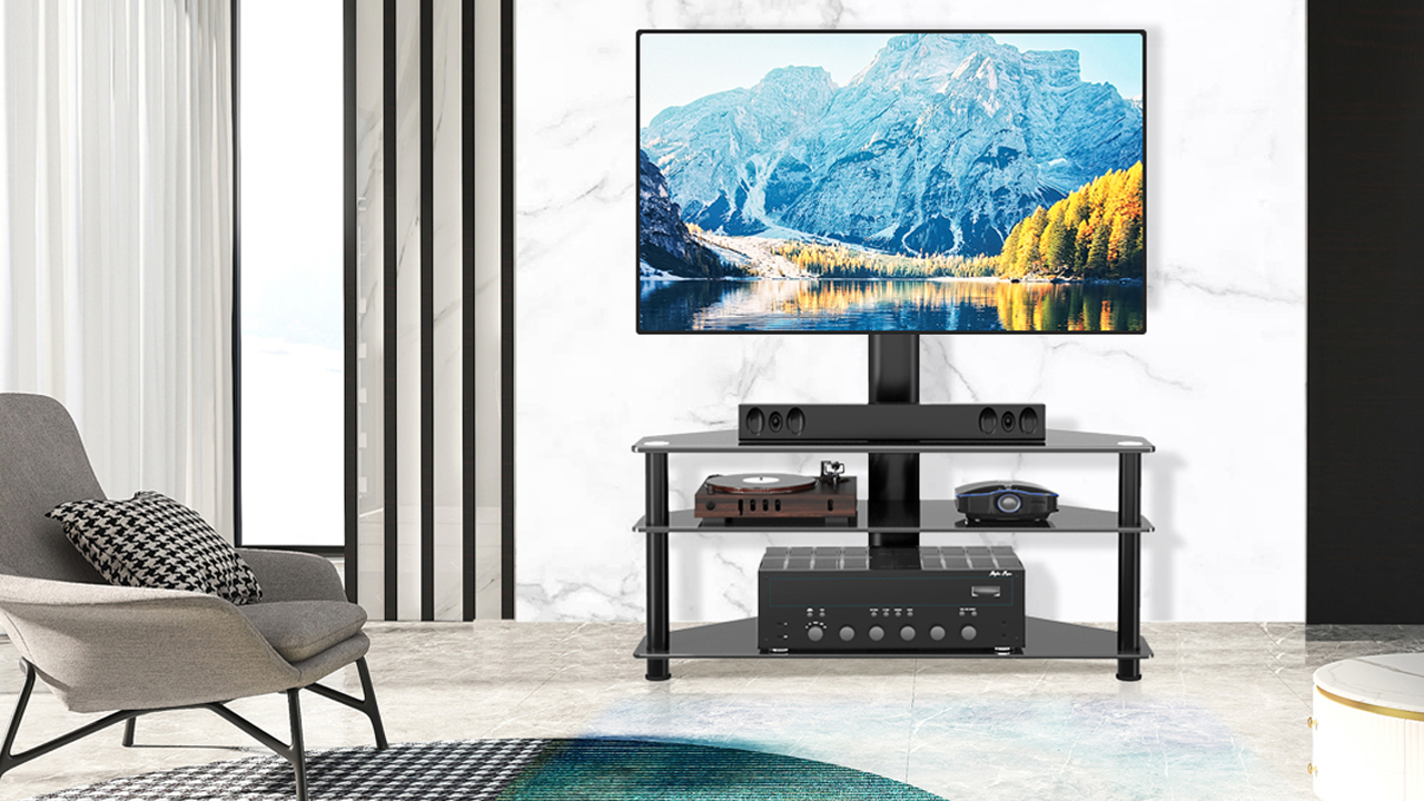 thumbnail video image 2 of ﻿ RTVR 3 in 1 Entertainment Center TV Stand with Glass Shelves for up to 70 inch Screens, Swivel Adjustable TV Mount Stand, Max VESA 600X400mm, 2 of 12