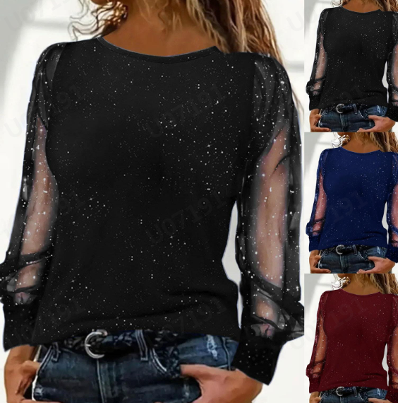thumbnail video image 2 of HNMKIU Plus Size Womens Festive Long Sleeve T Shirts for Women Black Elegant Sequins Glitter Top for Years Eve D-Blue,XXXL, 2 of 6