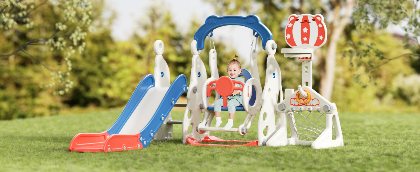 thumbnail video image 2 of KORIMEFA Toddler Slide, 6 in 1 Toddler Playset - Upgrade with Kids Slide, Swing, Soccer and Ring Toss for Age 1-3, Indoor and Outdoor Playground, 2 of 16