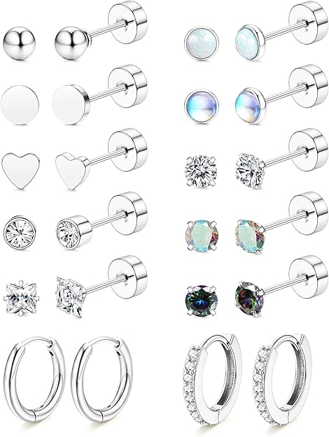 thumbnail video image 2 of Hypoallergenic Flat Back Earrings for Women - Surgical Steel Earrings for Sensitive Ears 20G Stainless Steel Earrings Stacking Small Flat Back Stud Hoop Cartilage Earrings, 2 of 10