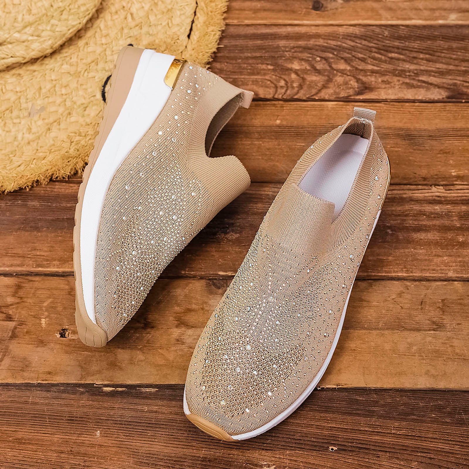 thumbnail video image 2 of QQAMB Sparkly Sneakers for Women Breathable Knit Wedge Heel Bling Rhinestone Casual Shoes Round Toe Slip on Walking Running Athletic Shoes, 2 of 9