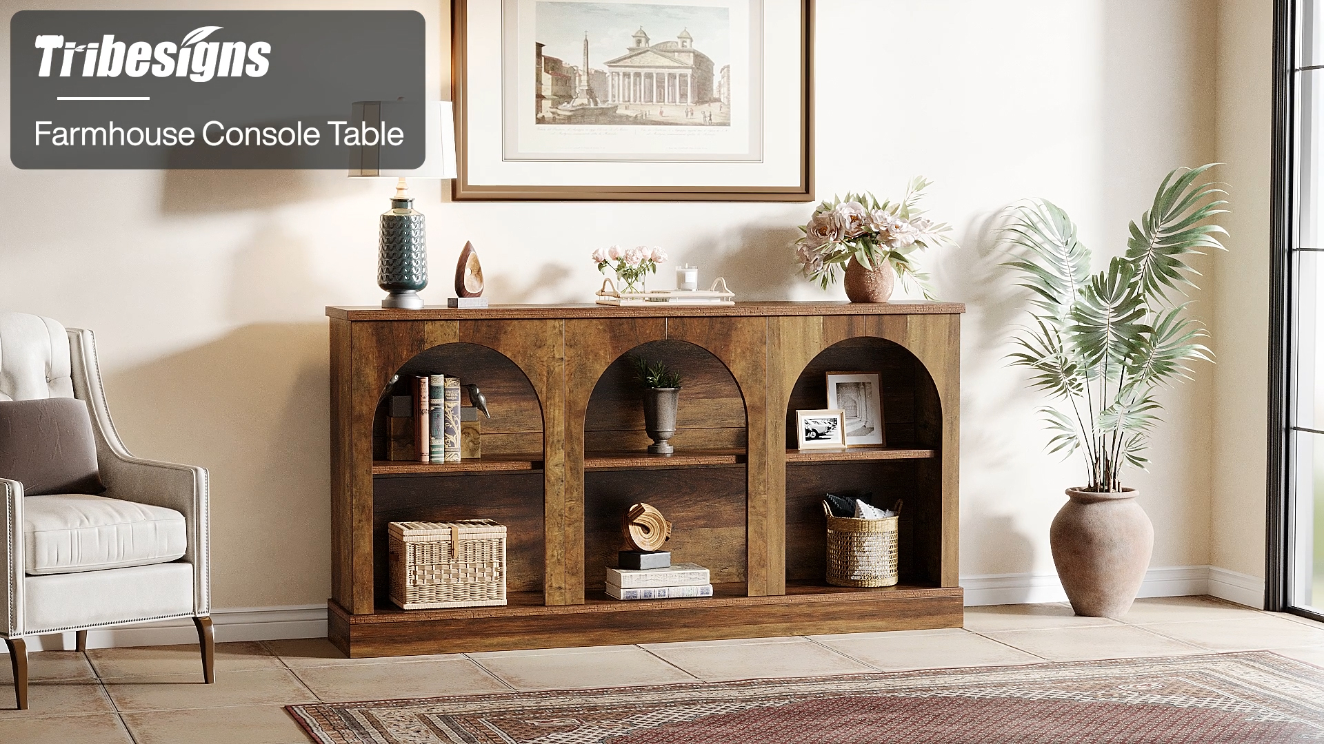 thumbnail video image 2 of Tribesigns Farmhouse Console Table, 63-inch 3 Tier Entryway Table with Storage, Wooden Sofa Console Behind the Couch for Hallway, Rustic Brown, 2 of 12
