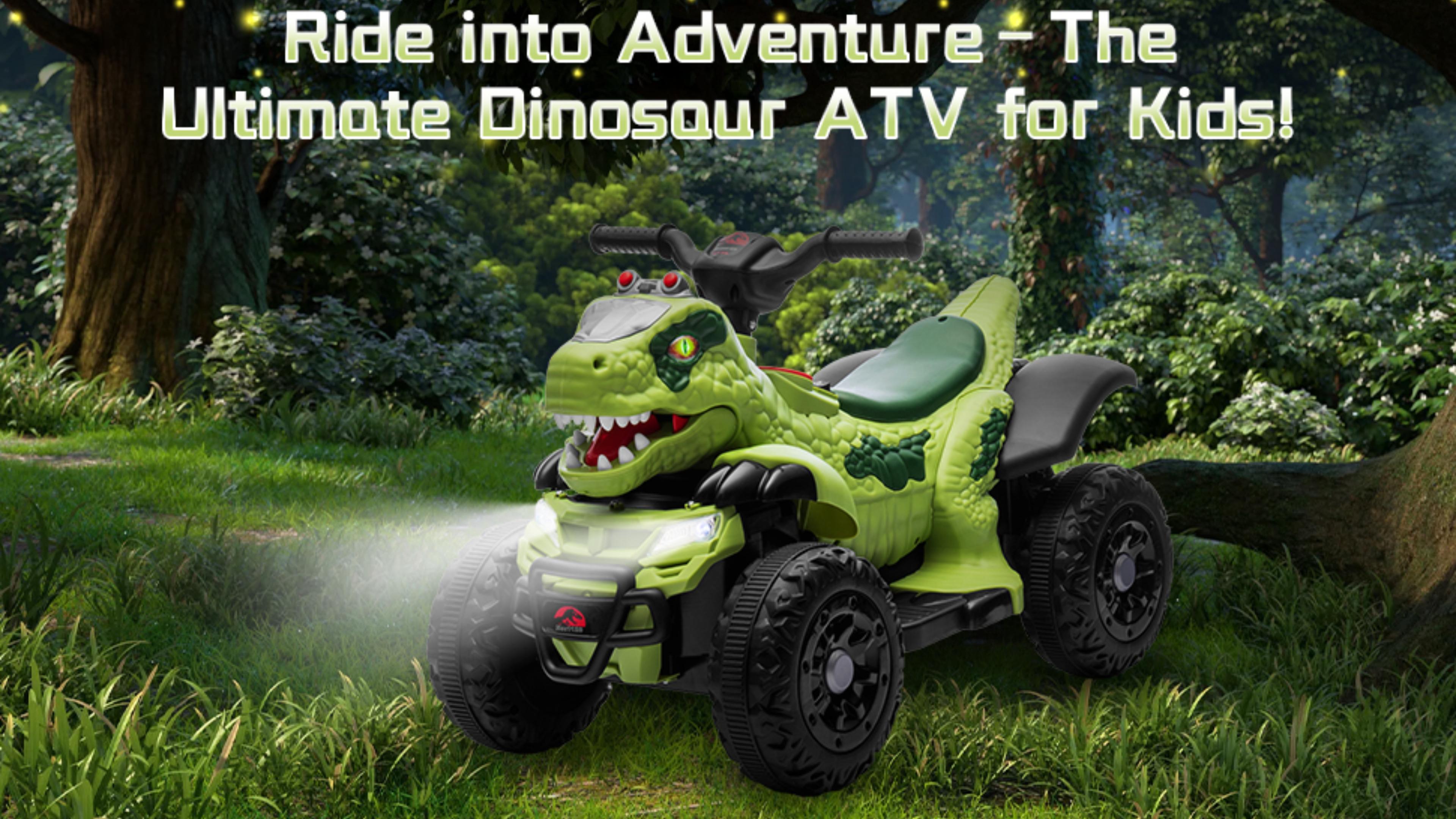 thumbnail video image 2 of SUSIELADY 12V Dinosaur Ride-On ATV for Kids, Electric 4 Wheeler Quad Car with Microphone Interface, Bluetooth, Music, LED Lights, Safe Outdoor Toy Vehicle for Boys Girls Ages 1-6, Green, 2 of 8