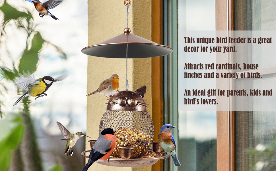 thumbnail video image 2 of IWNTWY Metal Hanging Bird Feeder, Squirrel Proof, Cat Shaped, for Outside Garden Yard, 2 of 8