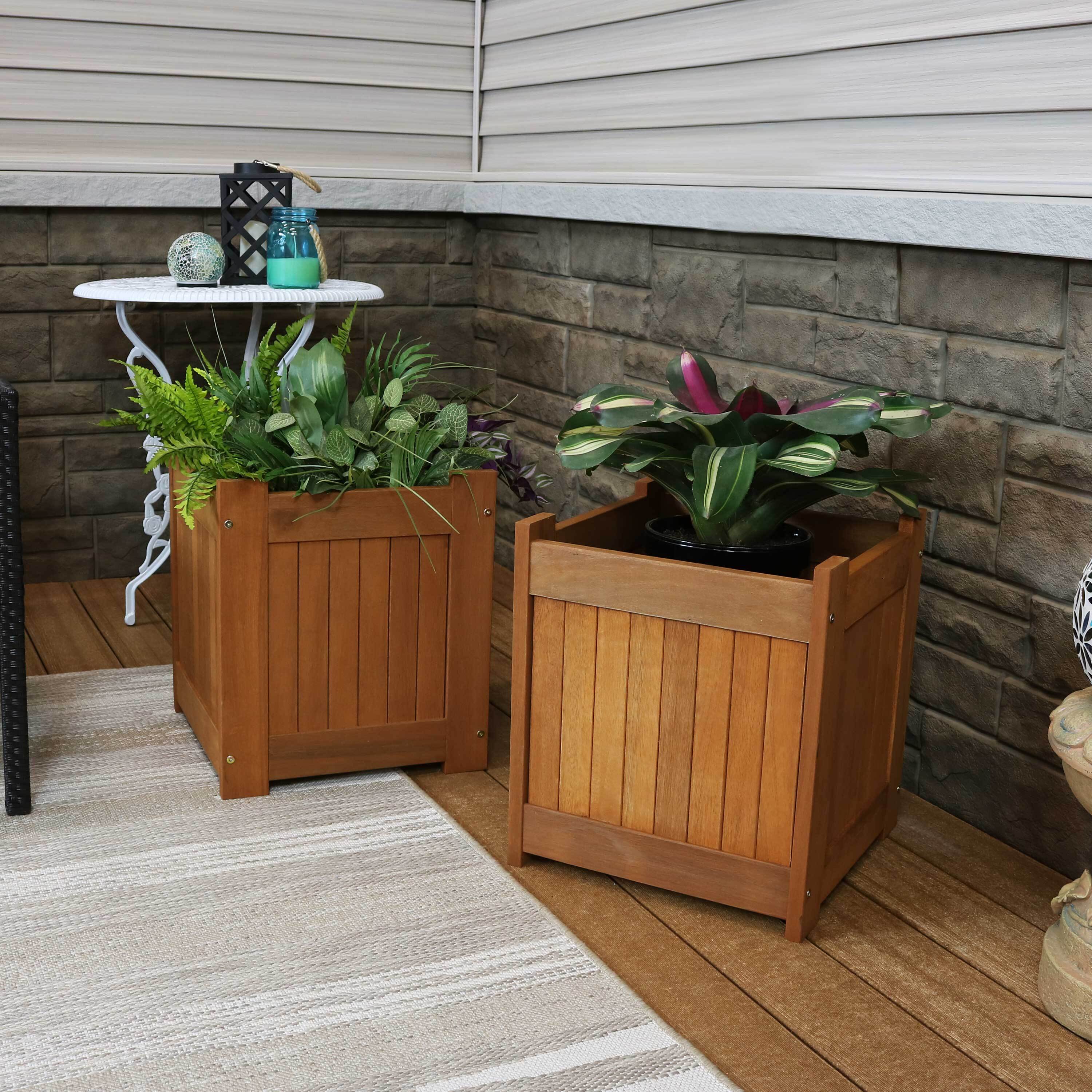 thumbnail video image 2 of Sunnydaze 16" x 15.75" x 18" Square Brown Meranti Wood Outdoor Planter Box, 2 of 9