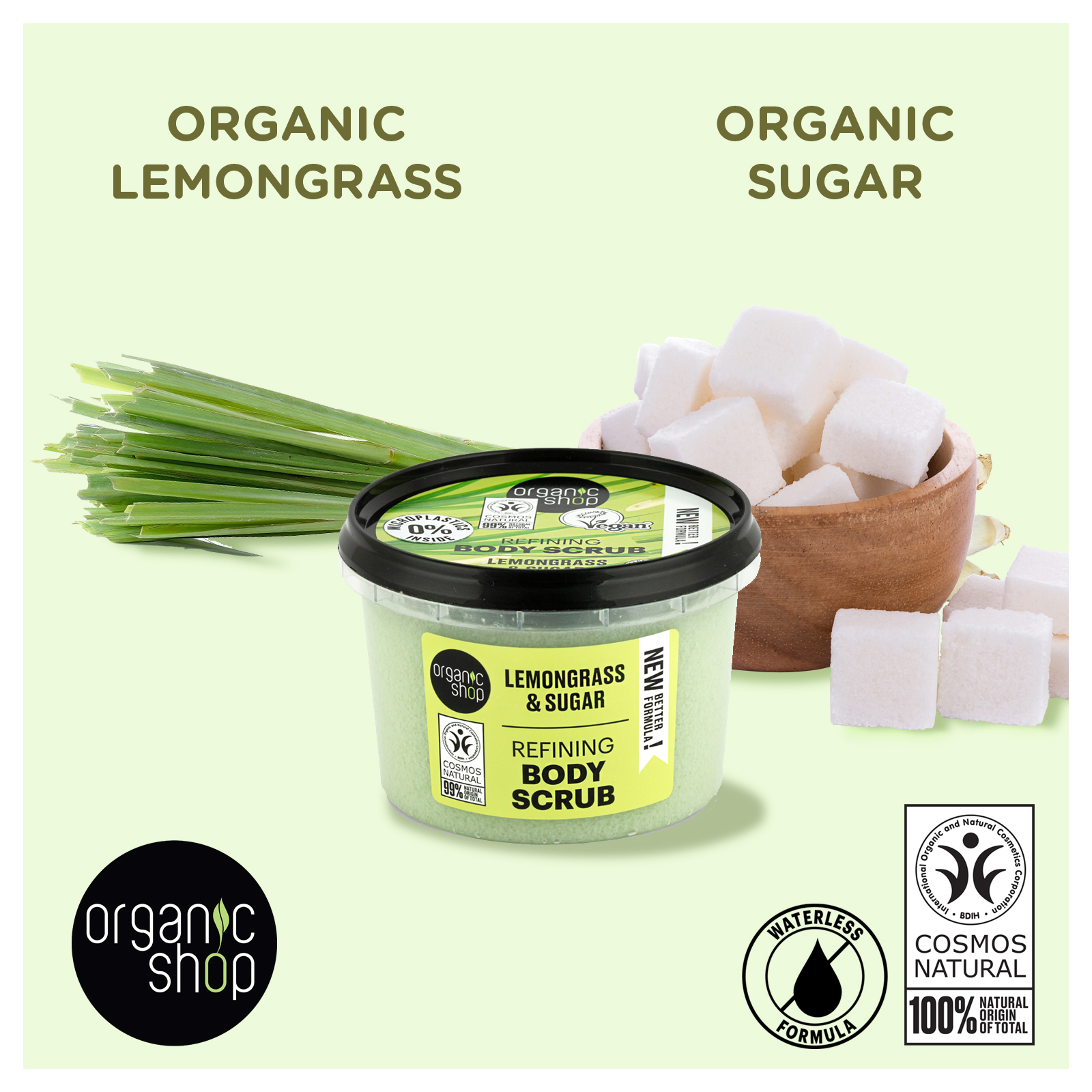 thumbnail video image 2 of Organic Shop Lemongrass & Sugar, Refining & Exfoliating Body Scrub, 100% Vegan & Organic, Daily Exfoliant, Detox & Moisturizer, Body, Face, Hand & Foot, Intensive Care & Skin Toning. 250ml., 2 of 9