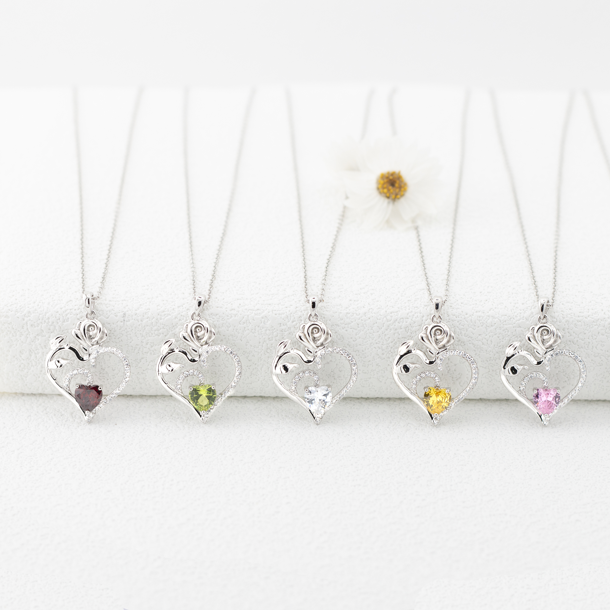 thumbnail video image 2 of HESHPAWS 925 Sterling Silver Birthstone Necklace Rose Flower Heart Pendant Jewelry ， Love Pendant Necklaces for Women With Birthstone Zirconia Christmas Valentines Mother's Day Gifts for Women Mom, 2 of 7