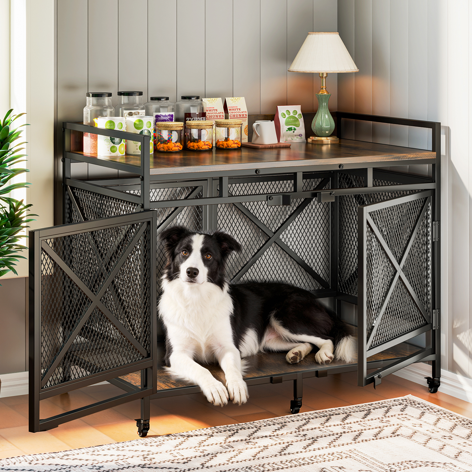 thumbnail video image 2 of Fowroa 48" Dog Crate with Wheels Dog Crate Furniture for Large Dogs up to 90 lbs, Waterproof Top, Brown, 2 of 9