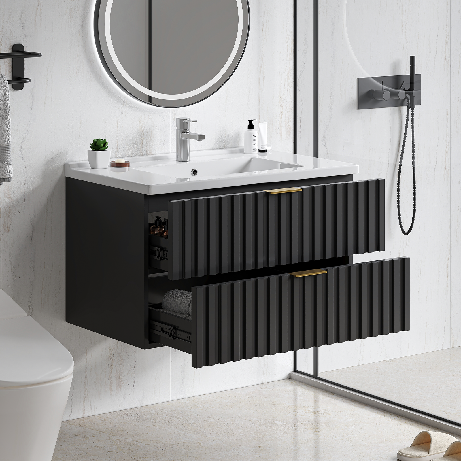 thumbnail video image 2 of Onbrill 30" Floating Bathroom Vanity with Ceramic Sink, 2 Soft-Close Drawers, Modern Wall-Mounted, Moisture-Resistant & Easy Assembly (Black), 2 of 10