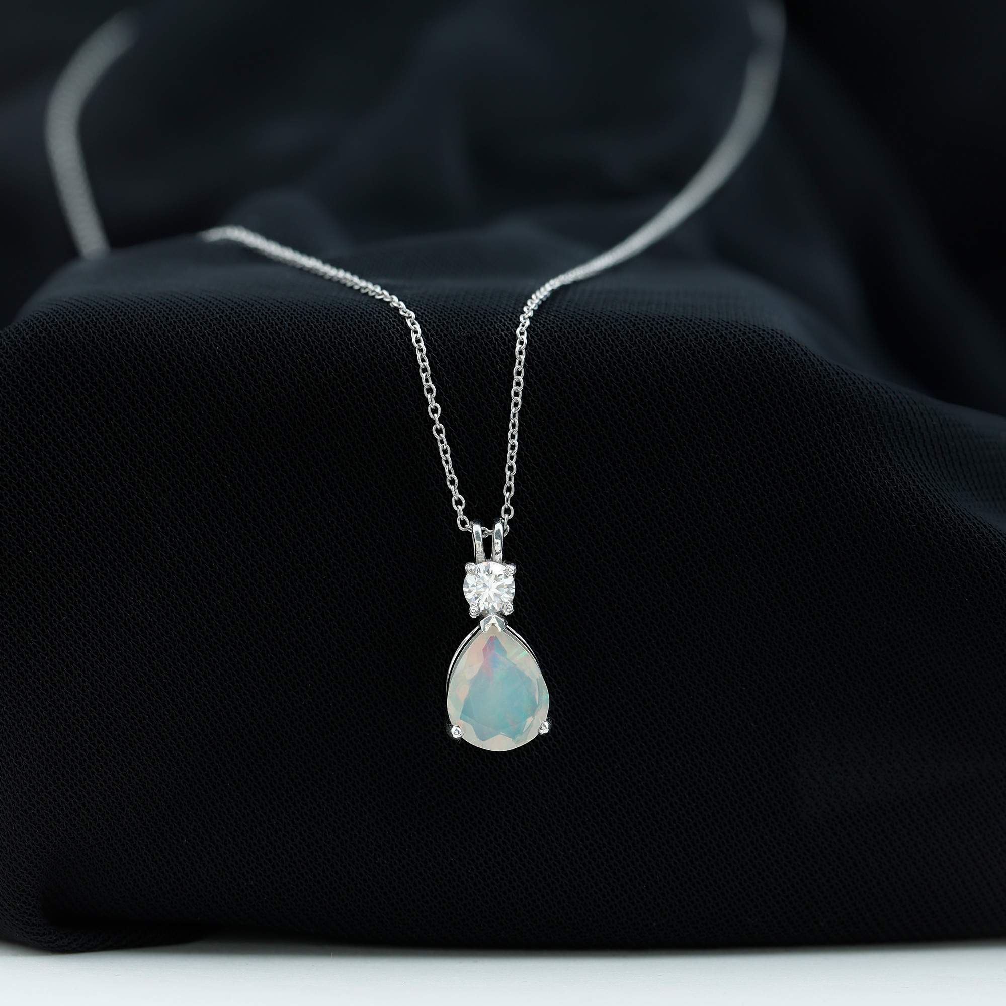 thumbnail video image 2 of Rosec Jewels Pear Shape Ethiopian Opal Drop Pendant Necklace with Moissanite - 8X10 MM, 14K White Gold, 2 of 9