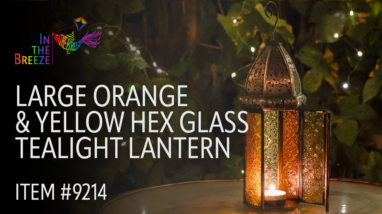 thumbnail video image 2 of In the Breeze 9214 — Orange & Yellow Large Hex Tealight Lantern — Moroccan-Style Boho Chic Tealight Glass and Metal Tabletop Lantern, 2 of 6