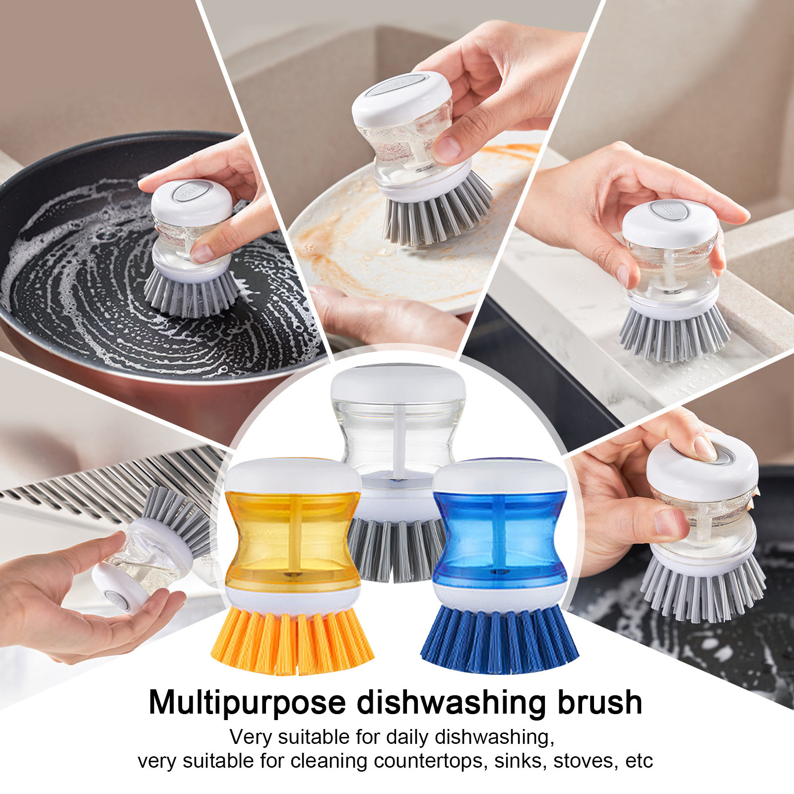 thumbnail video image 2 of Heavy-Duty Dishwashing Brush with Built-In Soap Dispenser, Non-Scratch Ergonomic Scrub Brush for Dishes, Pots, Pans, Sinks - Durable Plastic Handle, Sturdy Kitchen Cleaning Tool Blue, 2 of 9