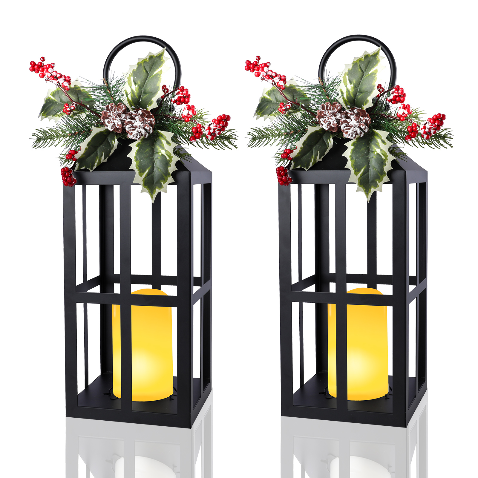 thumbnail video image 2 of 2 Pack Christmas Lanterns Set with Flameless Pillar LED Candle & Removable Holiday Greenery, Decorative Black Lantern,Christmas Decor, 2 of 10