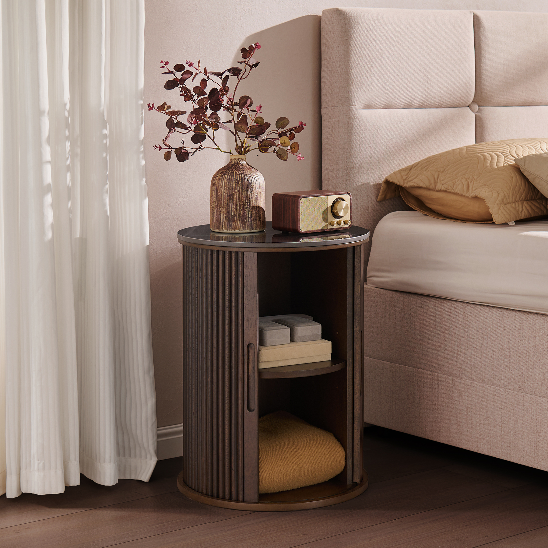 thumbnail video image 2 of Faux Marble End Table with Sliding Door, 17.3" Modern Round Nightstand with Fluted Detailing & Adjustable Shelve, Compact Side Table for Bedroom Living Room, 2 of 8