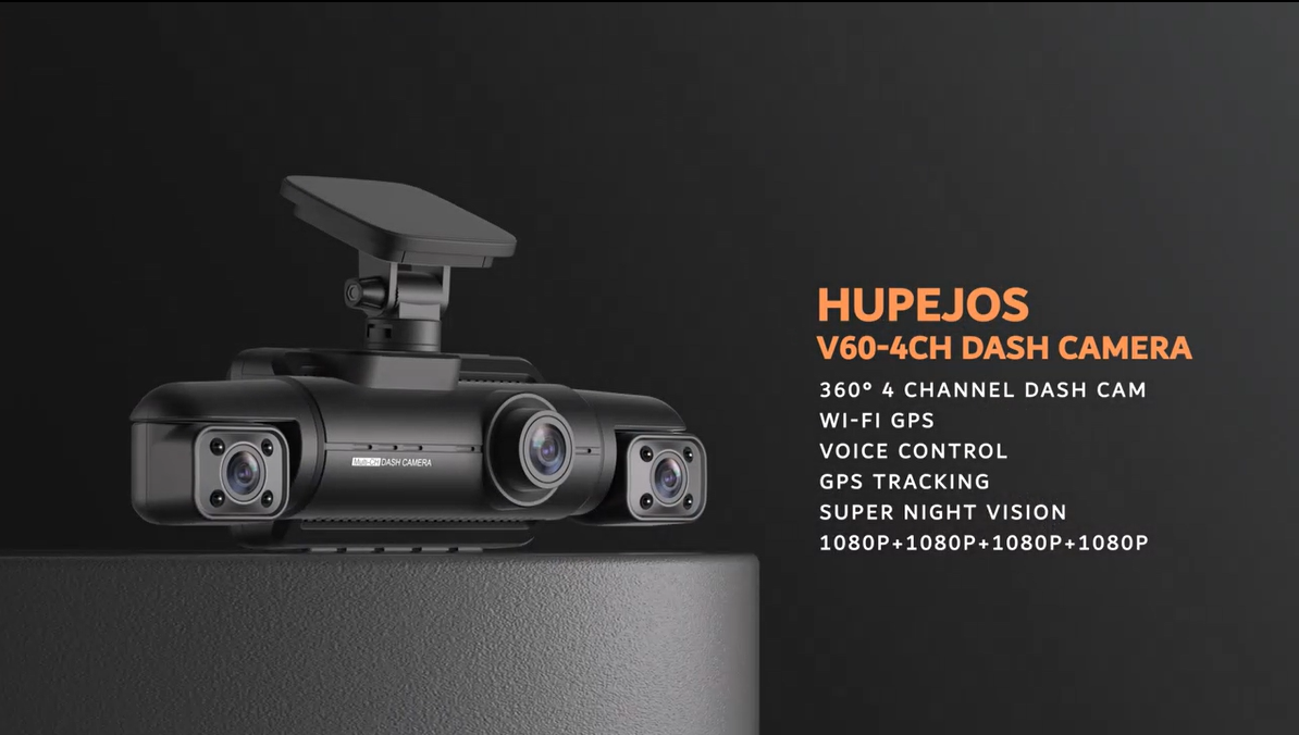 thumbnail video image 2 of HUPEJOS GPS Dash Cam Front and Rear Inside, 360° Voice Control Car Camera, 4-Channel 1080P Dashcam for Cars, 64GB SD Card Included, 8 IR Night Vision, WDR, APP & WiFi Supported, 24H Parking Mode, 2 of 12