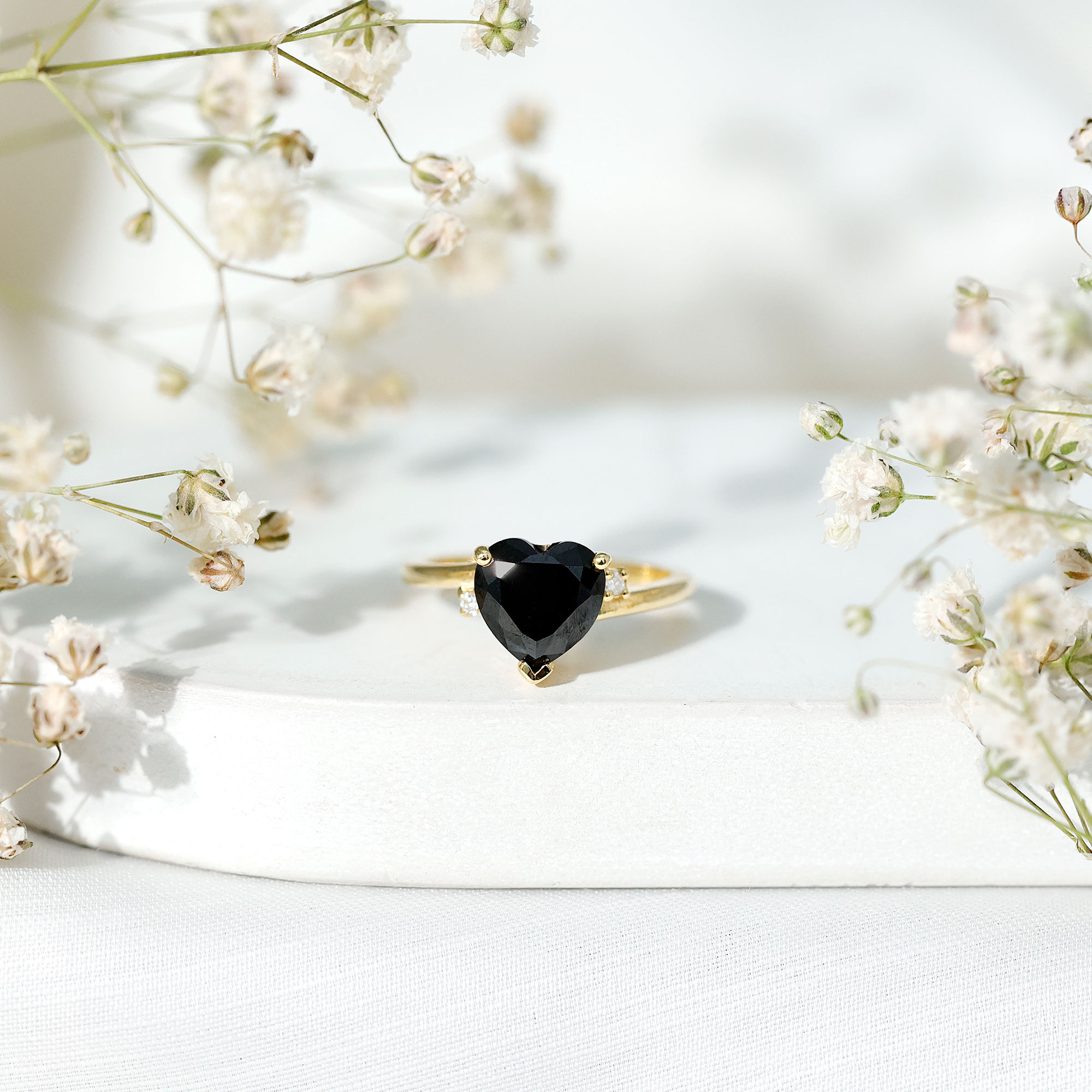 thumbnail video image 2 of Rosec Jewels Real Black Spinel Heart Engagement Ring with Diamond (8 mm - AAA Quality - August Birthstone) - With Jewelry Box, 925 Sterling Silver, US 4.00, 2 of 8