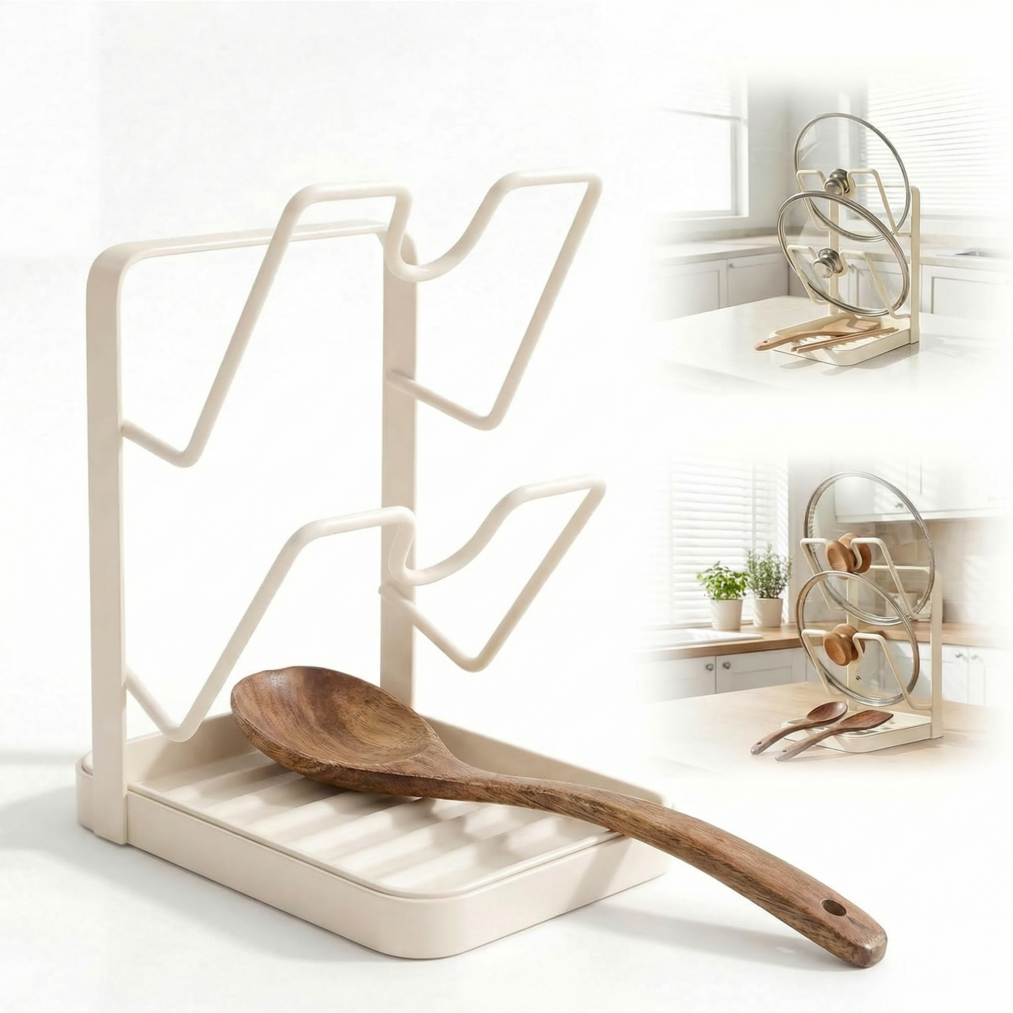 thumbnail video image 2 of 1 Pack Kitchen Pot Lid Holder Rack, Multifunctional Organizer with Removable Drip Tray, Holds Lids, Spoons & Utensils While Cooking, White, 2 of 8