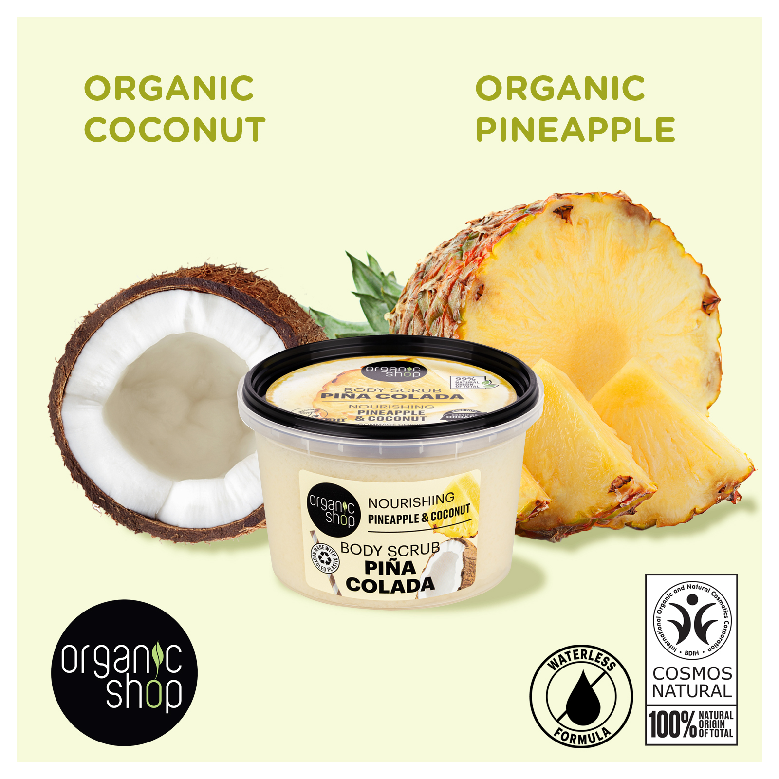 thumbnail video image 2 of Organic Shop Coconut & Pineapple, Nourishing & Exfoliating Body Scrub, 100% Vegan & Organic, Daily Exfoliant, Detox & Moisturizer, Body, Face, Hand & Foot, Intensive Care & Skin Toning. 250ml., 2 of 9