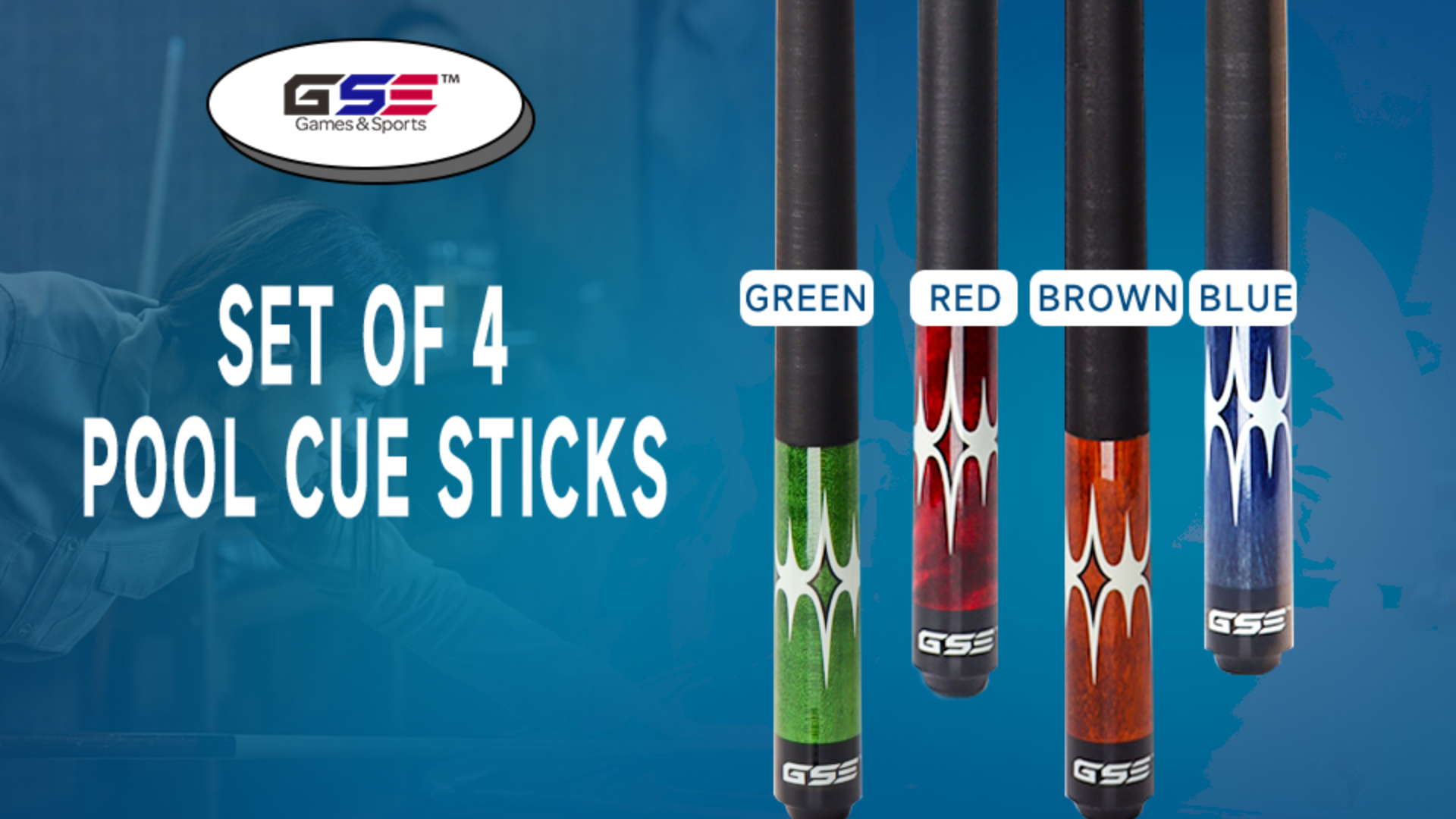thumbnail video image 2 of GSE Games & Sports Expert Set of 4 58" 2-Piece Canadian Maple Hardwood Billiard Pool Cue Sticks Set for Commercial, Bar and House Use (Multi Color,18-21oz Available), 2 of 8