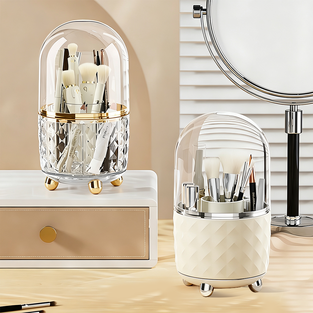 thumbnail video image 2 of Extra Large 360° Rotating Makeup Brush Organizer with Dome Dustproof Lid, Diamond Embossed Clear Cosmetic Storage for Brushes Lipsticks Eyebrow Pencils, Gold Footed Vanity Countertop Holder, 2 of 5