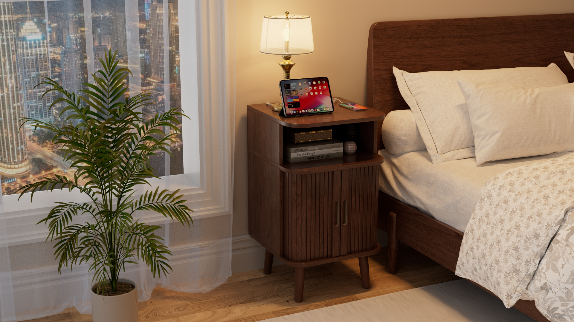 thumbnail video image 2 of Whalefall Nightstand with Charging Station, End Table with Sliding Doors for Adult’s Bedroom, Walnut, 2 of 10