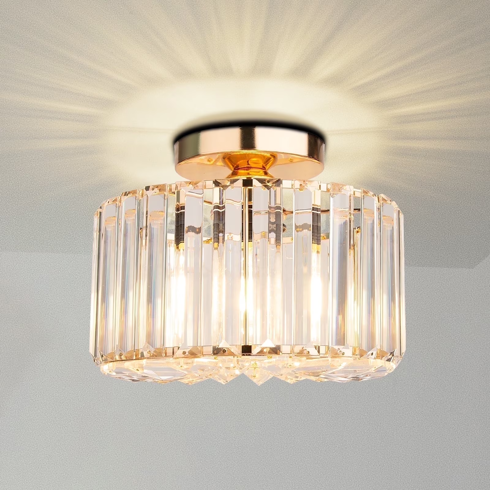 thumbnail video image 2 of Frideko Home Crystal Ceiling Light Fixture, 9" Gold Modern Semi Flush Mount Ceiling Light, E26 Base for Light Bulbs, Crystal Chandelier for Kitchen Bedroom Bathroom Hallway (Bulb not Included), 2 of 13