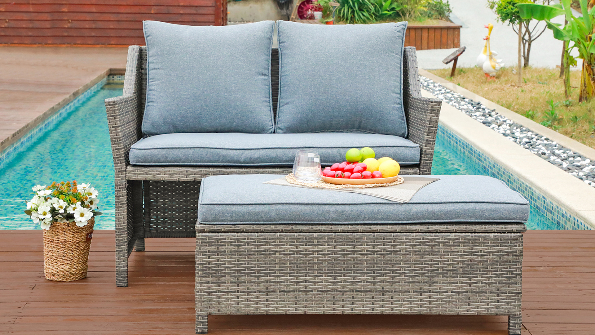 thumbnail video image 2 of Outdoor Wicker Love Seat and Coffee Table Set, Weather Resistant Grey Rattan, Patio Furniture with Gray Cushions & Storage Bin, 2 of 8
