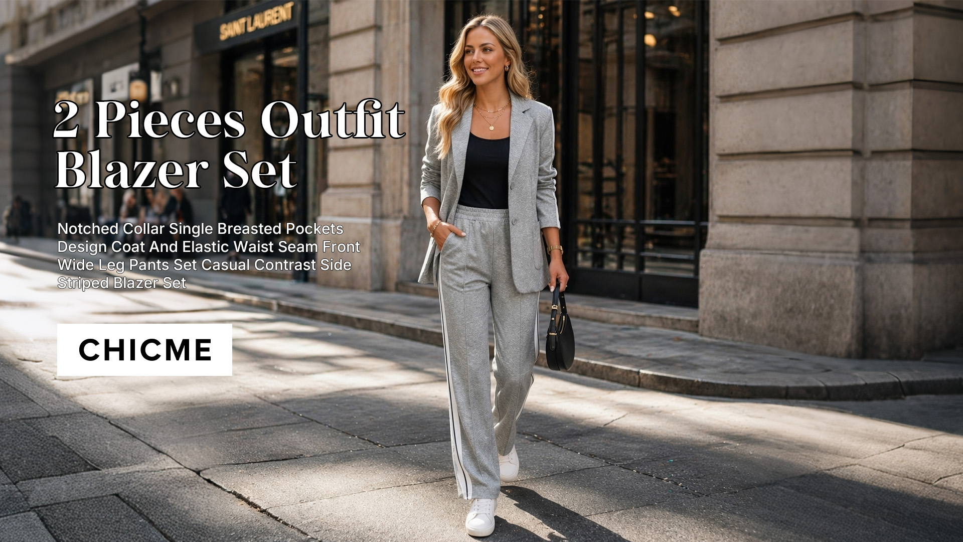 thumbnail video image 2 of CHICME Two Piece Sets for Women Striped Side Lapel Long Sleeve Button Blazer and Straight Leg Pants with Pockets Business Casual Set Black-L, 2 of 9