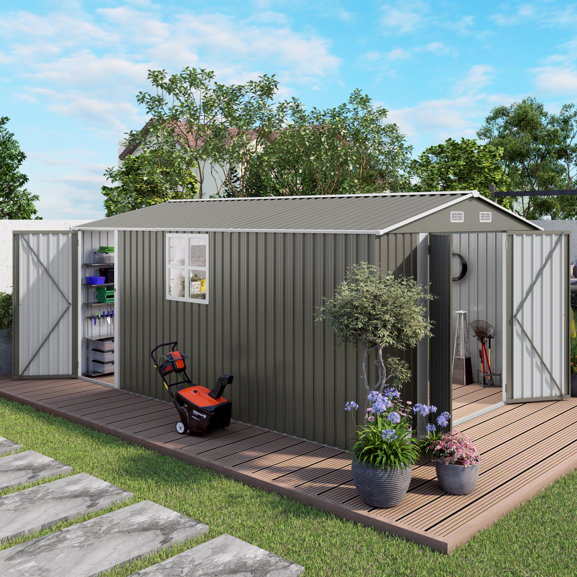 thumbnail video image 2 of 10x14 FT Outdoor Metal Storage Shed with 3 Lockable Doors & Window, Heavy-Duty All-Weather Garden Shed for Lawn Mowers, Bikes, Tools, Backyard, Patio, Grey, 2 of 22