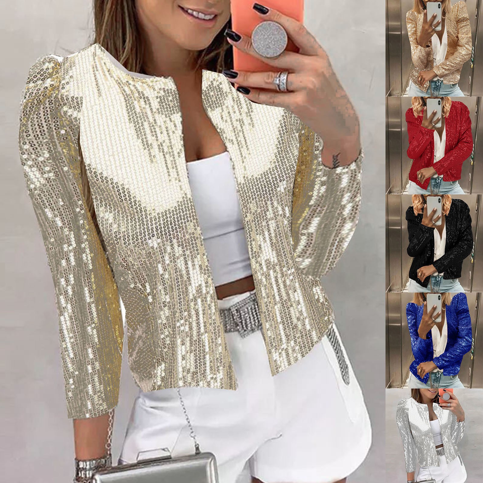 thumbnail video image 2 of Delayuji Jean Jacket Women Women Casual Fashion Urban Sequin Sequins Sparkling Cardigan Jacket Casual Jackets for Women Gold Xxl, 2 of 5