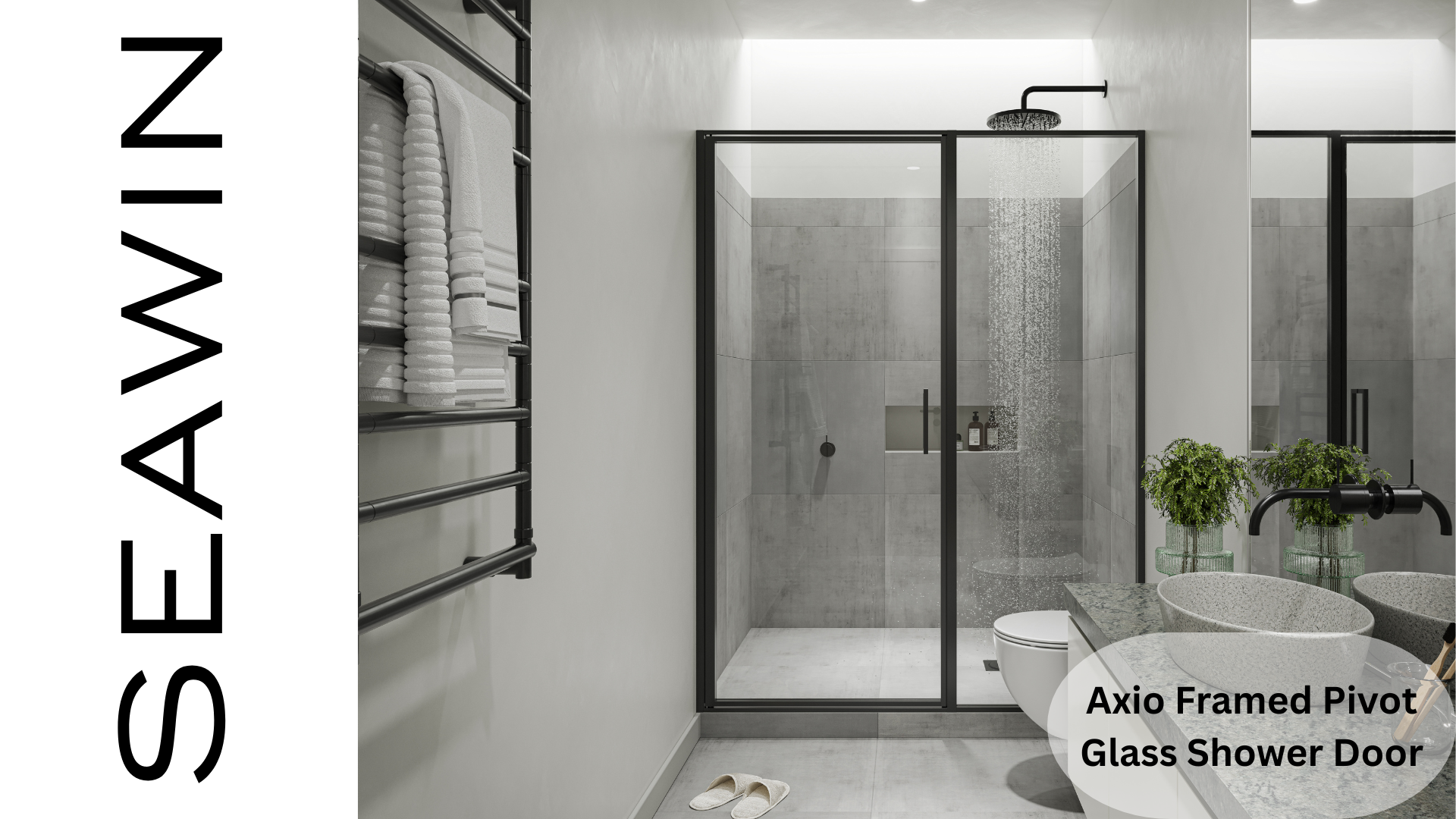 thumbnail video image 2 of Seawin Axio 58.25 - 59 x 72 inches Framed Pivot Shower Door 5/16 in. (8 mm) Clear Tempered Glass with NanoShield Coating Satin Gold, 2 of 8