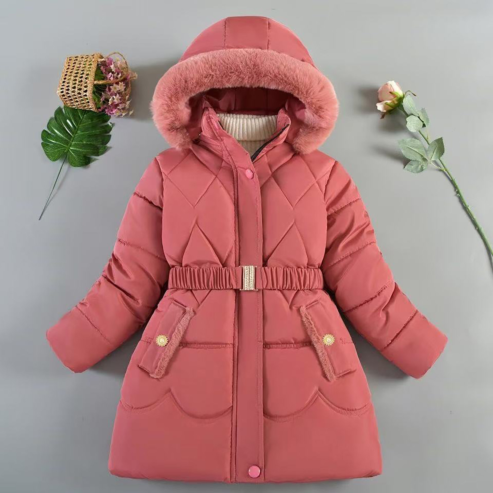 thumbnail video image 2 of YUEHUA Kids Girls' Winter Jacket Quilted Winter Coat Windproof Puffer Outerwear Coat Fleece Lined Outdoor Down Jacket, Size 11-12 Years, 2 of 6