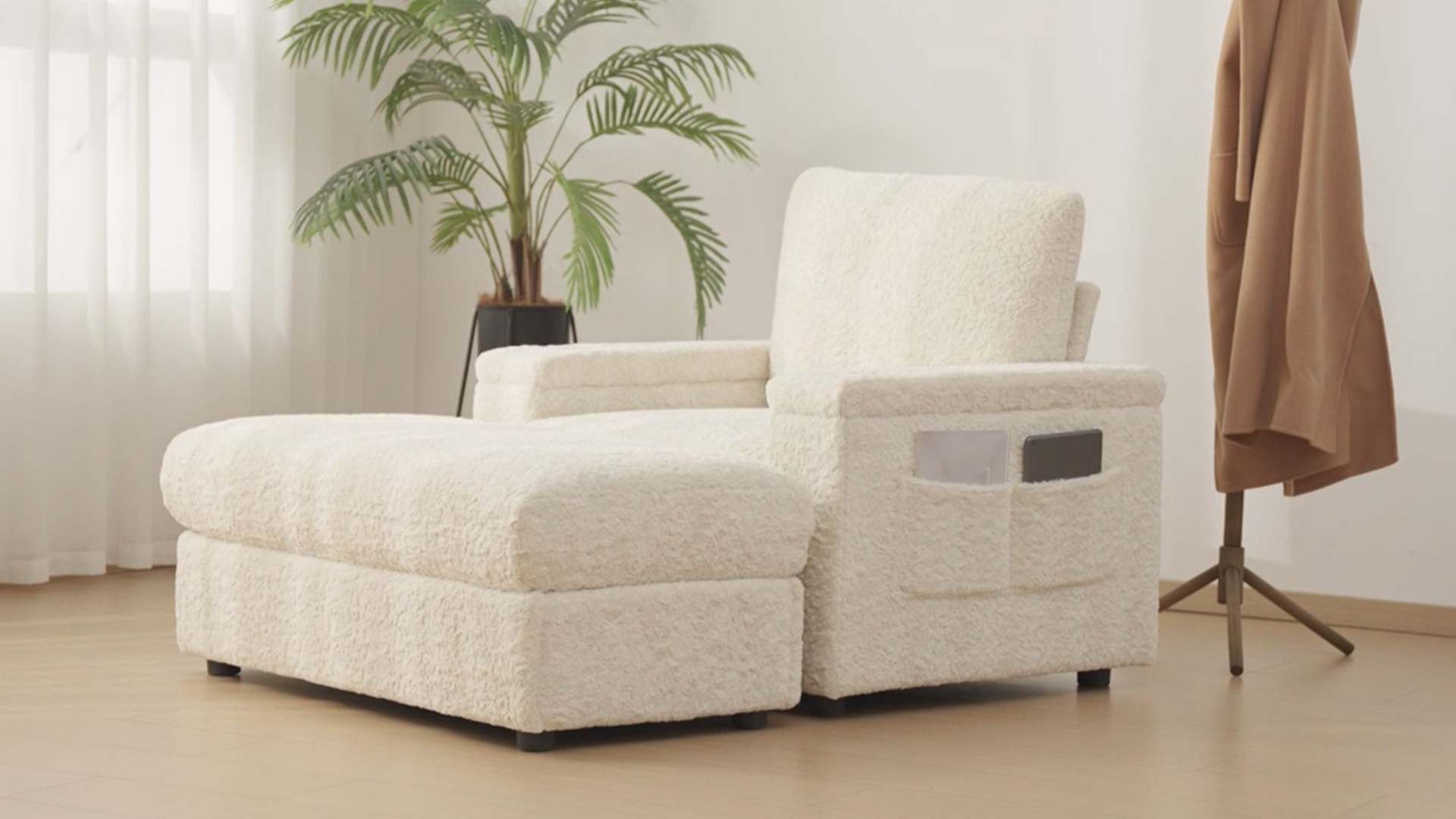 thumbnail video image 2 of Muumblus 42" Chaise Lounge Indoor, Accent Armchair with Storage Ottoman & Armrests, Oversized Lounge Chair Sleeper Chair for Living Room, Gray Faux Rabbit Fur, 2 of 12