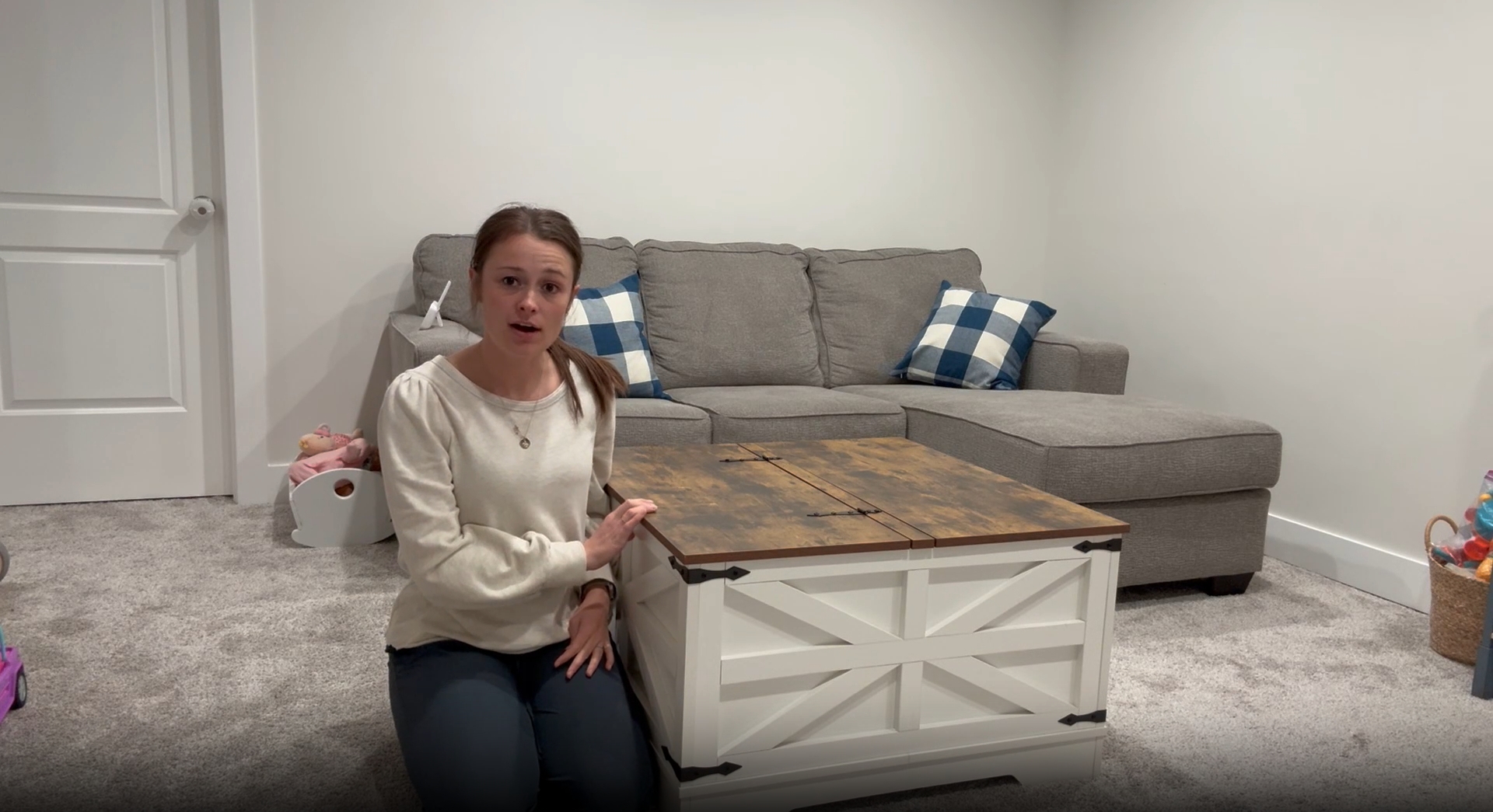 thumbnail video image 2 of Farmhouse Lift-Top Coffee Table with Hidden Storage, Square Wooden Living Room Table, White, 2 of 6