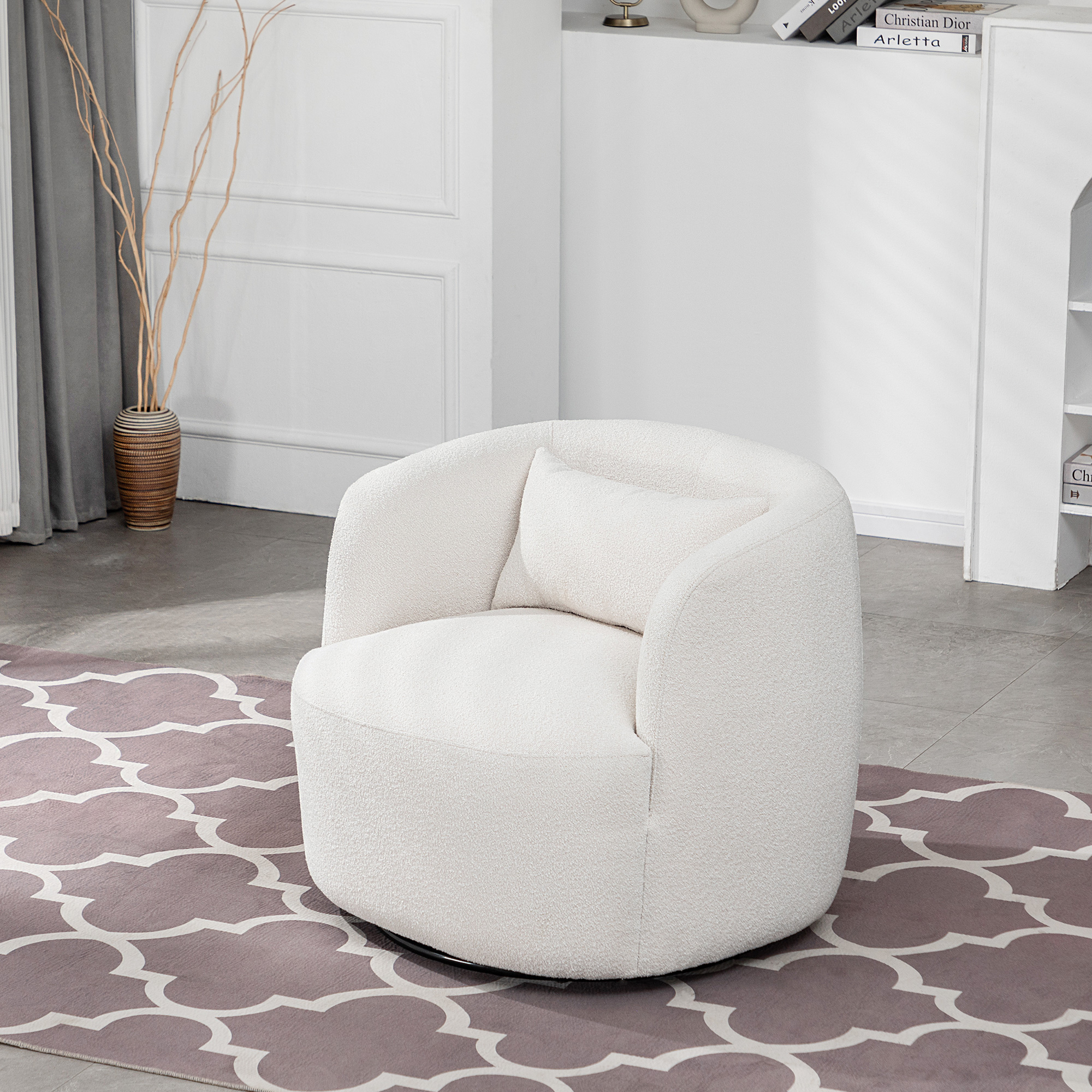 thumbnail video image 2 of Beige Bouclé Swivel Barrel Accent Chair with Pillow, Modern Upholstered Armchair, 2 of 10