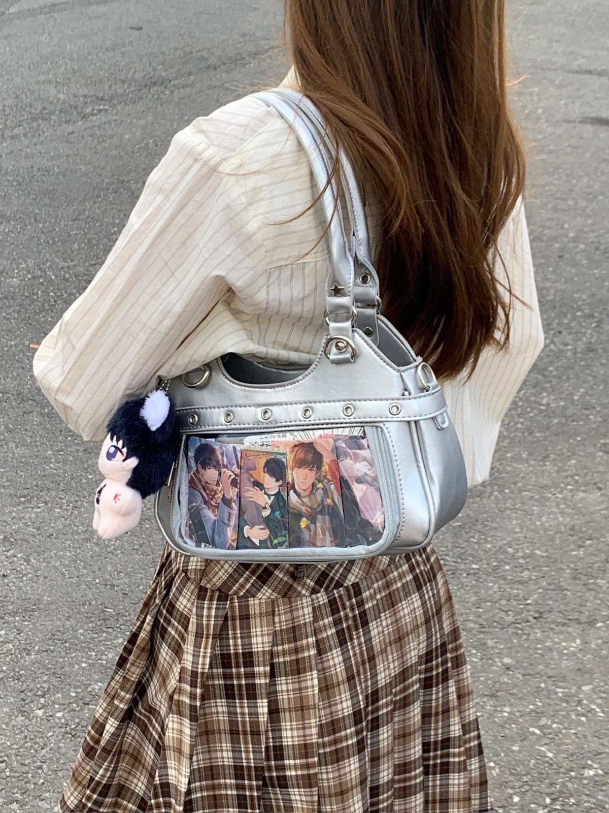 thumbnail video image 2 of SPEKSEE Anime Ita Bag PU Leather Shoulder Bag with Display Window, Studded Handbag with Adjustable Strap, 2 of 8