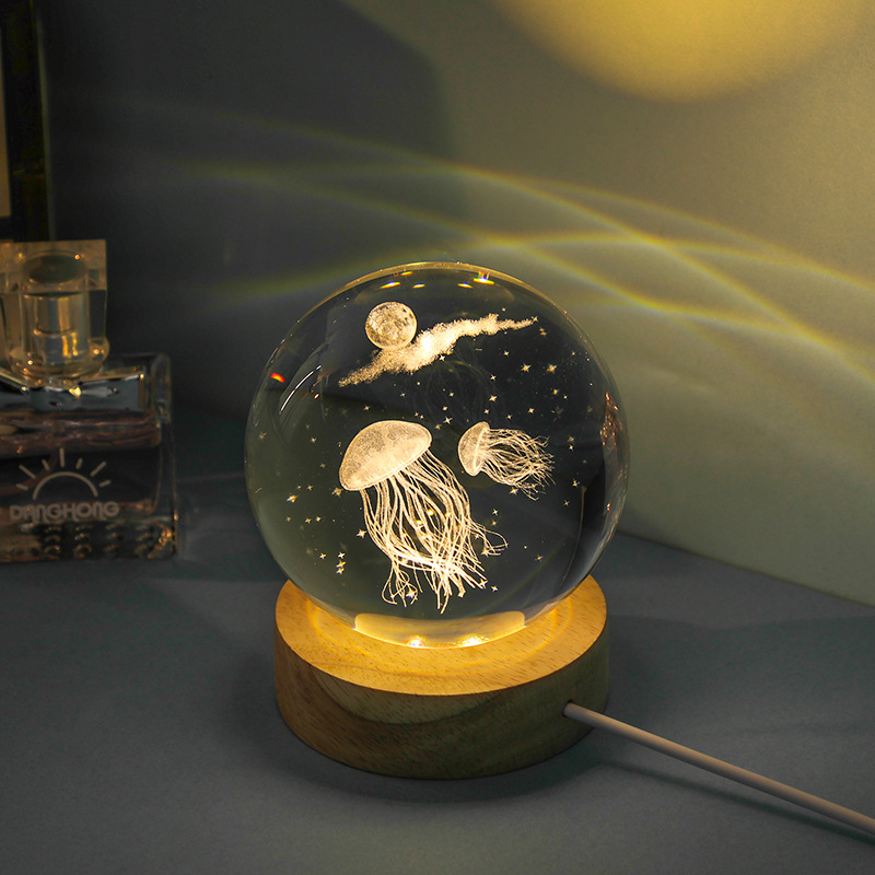 thumbnail video image 2 of 3D Warm Night Light USB Crystal Ball Marine Animals Crystal Ball Lamp Wooden Base Gift Octopus, 2 of 4