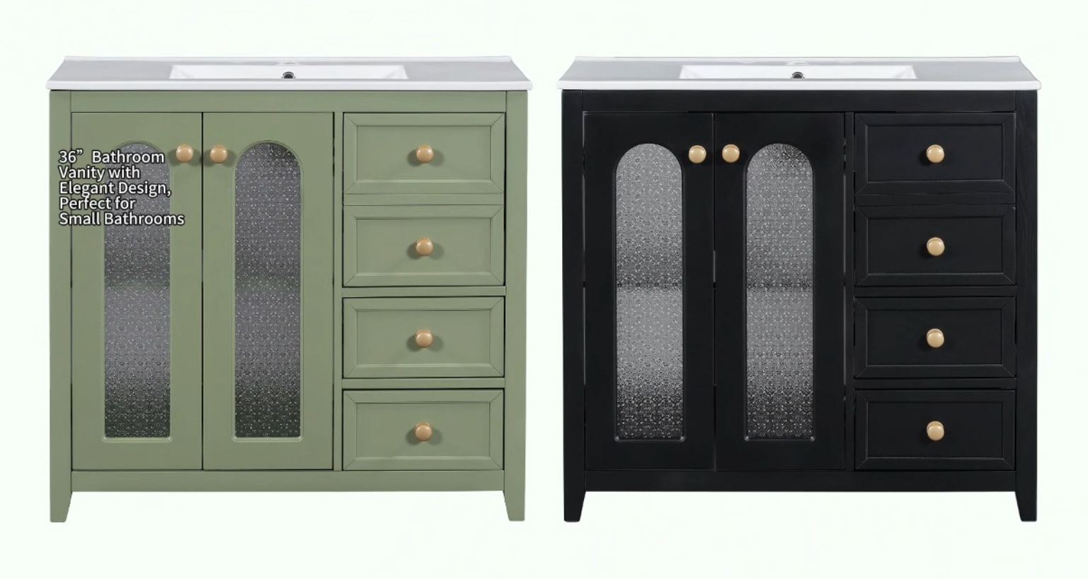 thumbnail video image 2 of 36-Inch Single Bathroom Vanity with Ceramic Top, 2 Glass Doors, Adjustable Shelves and Three Drawers, 2 of 16