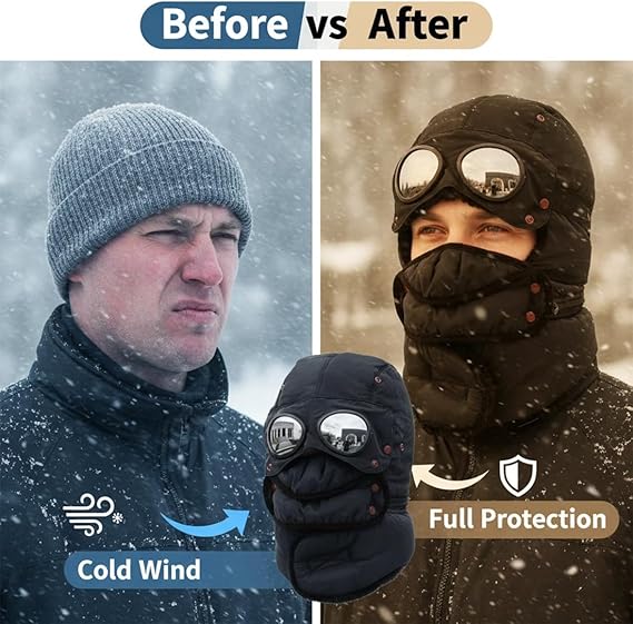 thumbnail video image 2 of Winter Thermal Hat with Glasses Winter Pilot Hat Trapper Hats with Removeable Mask for Men Women, 2 of 9