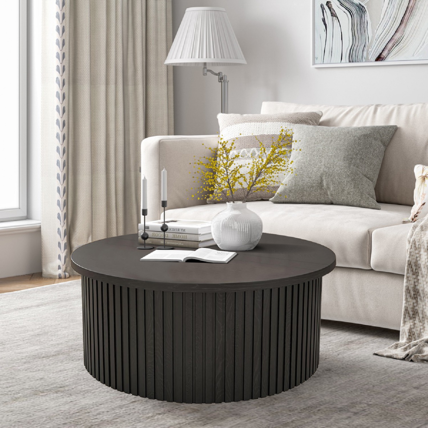 thumbnail video image 2 of Round Coffee Table for Living Room, Farmhouse Lift Top Coffee Table, Fluted Center Table with Storage (Black), 2 of 8