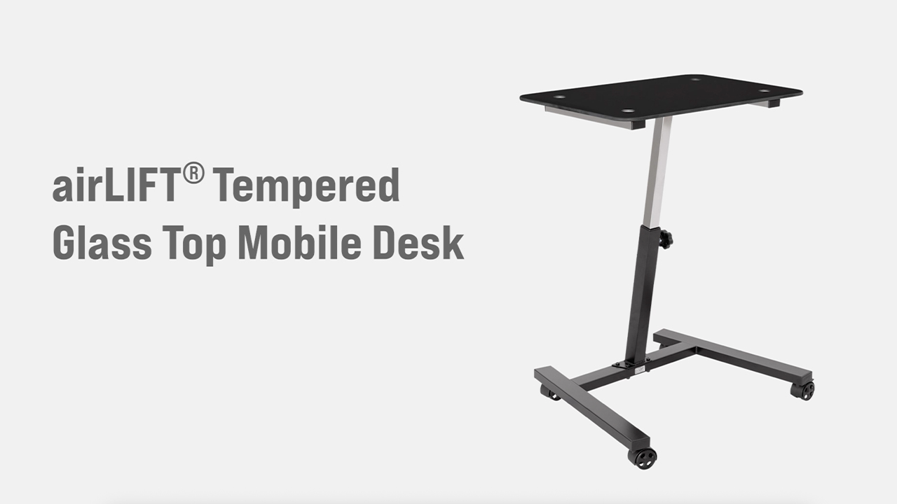 thumbnail video image 2 of Seville Classics airLIFT 23.7" Tempered Glass Height Adjustable Mobile Laptop Desk Cart, Black, 2 of 10