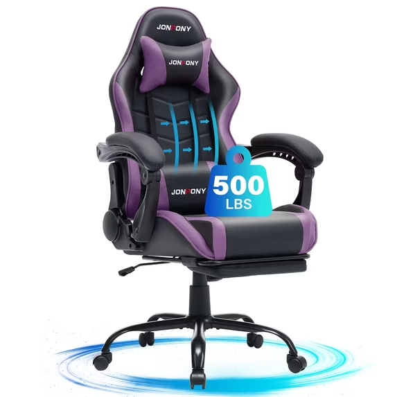 thumbnail video image 2 of JONPONY 500LBS Big & Tall Gaming Chair, Ergonomic High-Back Gamer Chair with Footrest Lumbar Support, PU Leather Office Computer Chair for Long Sitting, Purple, 2 of 9