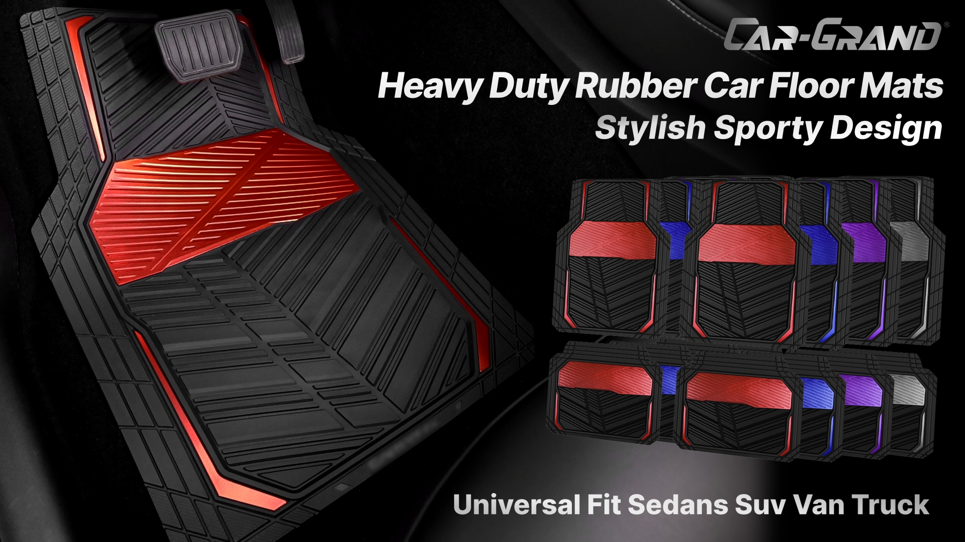 thumbnail video image 2 of Car Grand Heavy Duty Rubber Waterproof Car Floor Mats All Weather Durable Full Set Anti-slip Automotive Floor Mats Trim-to-fit For Car SUV Truck Red Black, 2 of 7