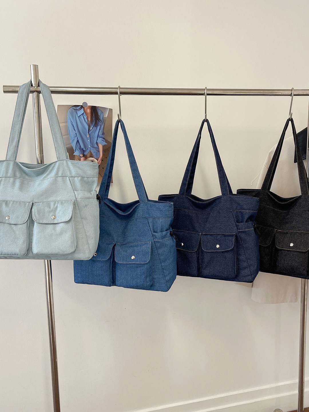 thumbnail video image 2 of Sunyuer Women Large Capacity Denim Tote Bag, Multi Pocket Casual Canvas Shoulder Handbag, Soft Denim Work Commuter Tote Purse for Travel Shopping, 2 of 8